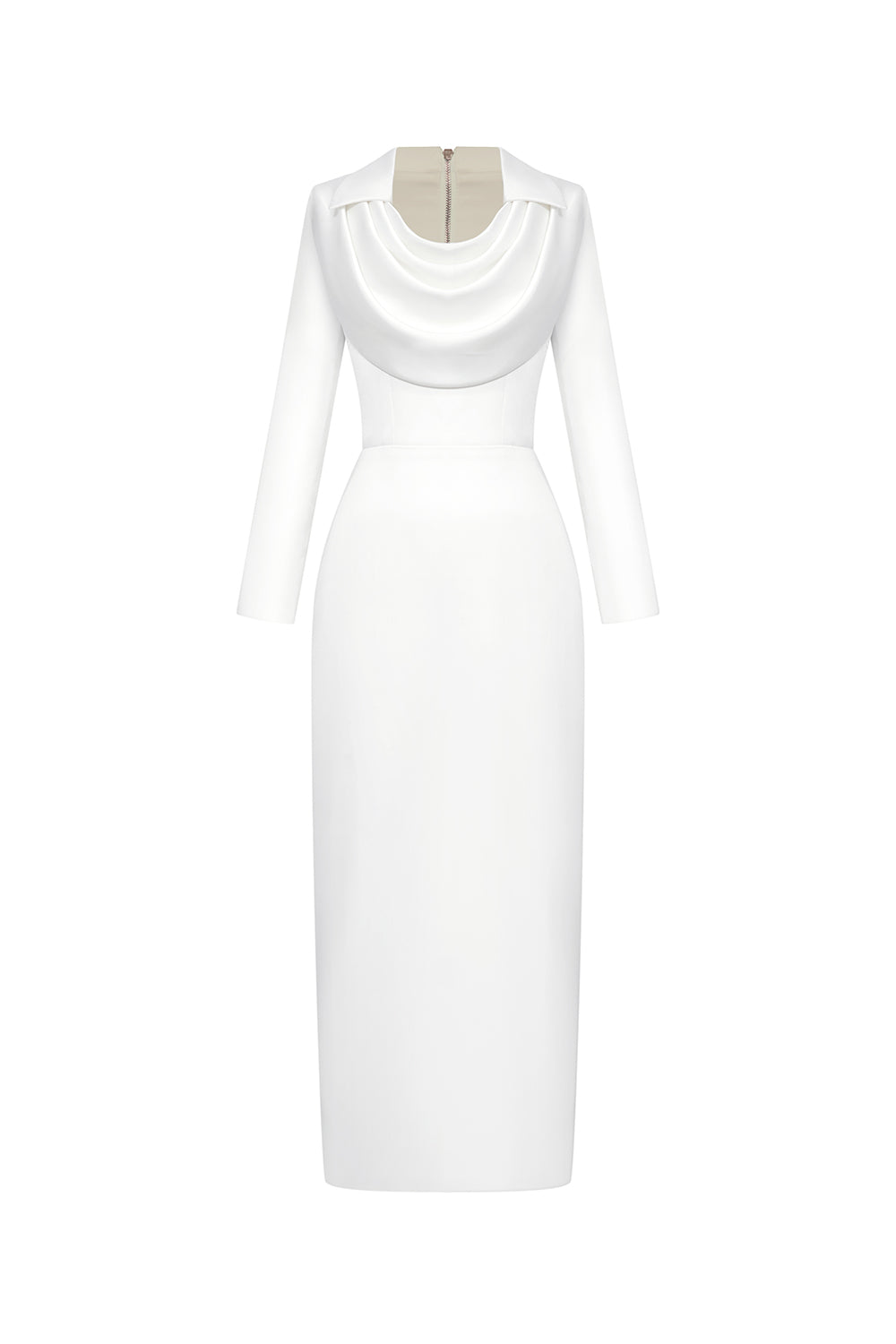 Gleamy Pencil Cowl Neck Silk Satin Calf Length Dress