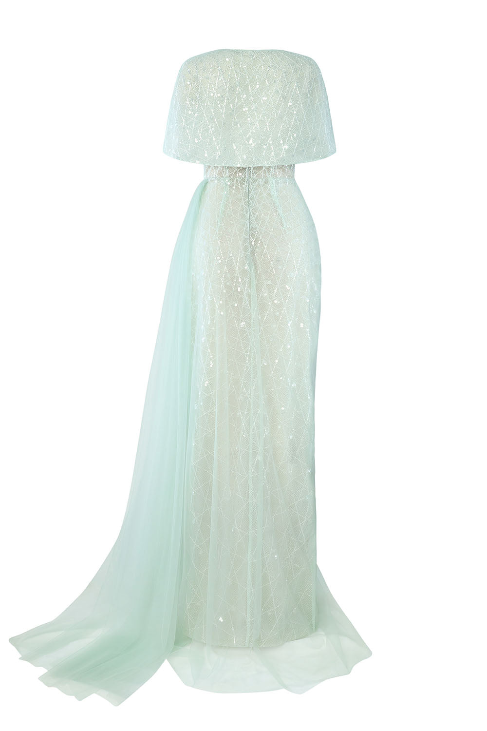 Lyrixa Asymmetric Cape Shoulder Mesh Sequin Floor Length Dress