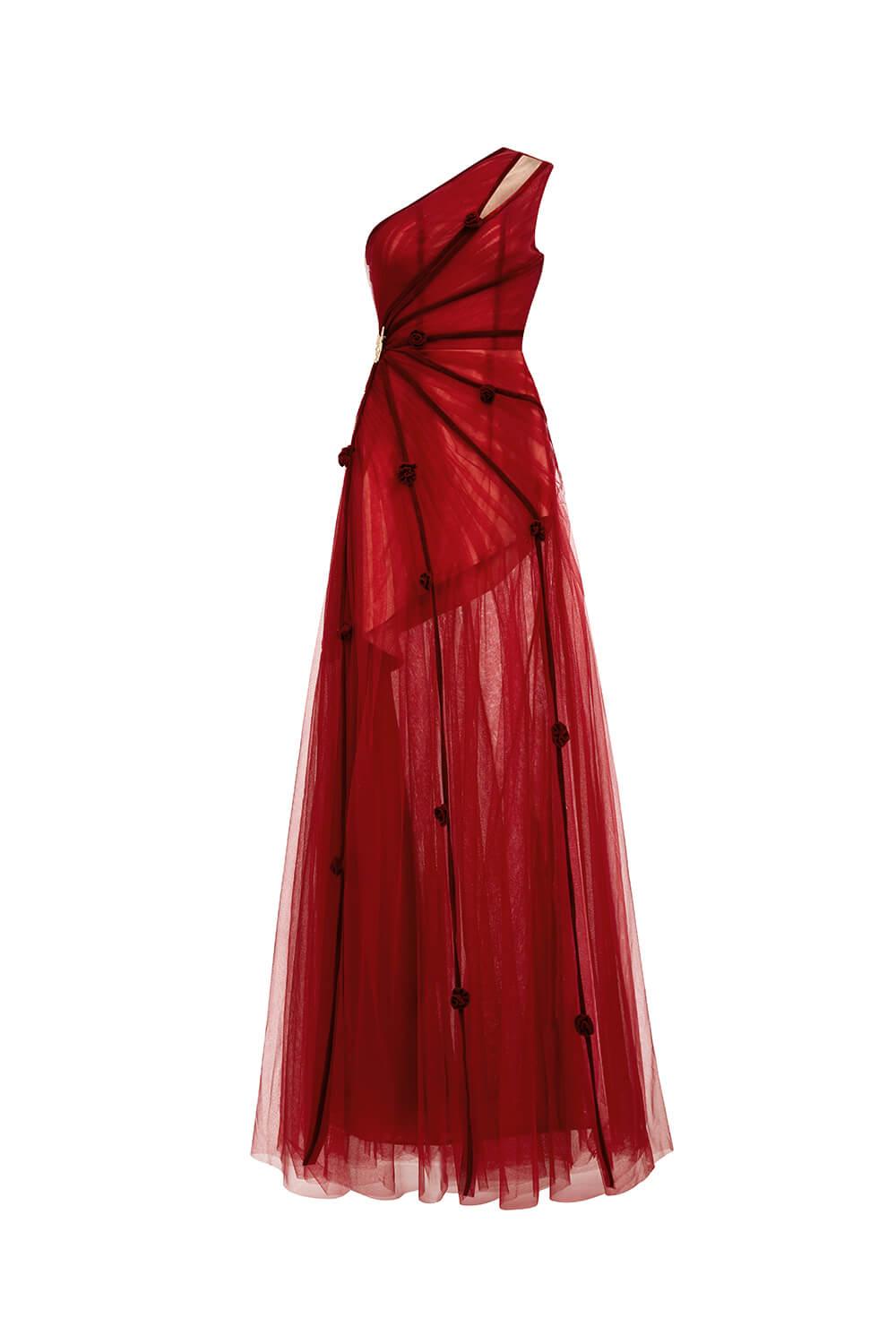 Women's Makenna A-Line One Shoulder Polyester Floor Length Dress XXS/XS/S/M/L/XL/XXL/3XL/Customize Red Mean Blvd Red / S