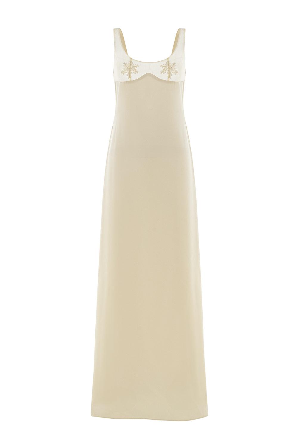 Snowy A-line Scoop Neck Mesh Silk Floor Length Dress