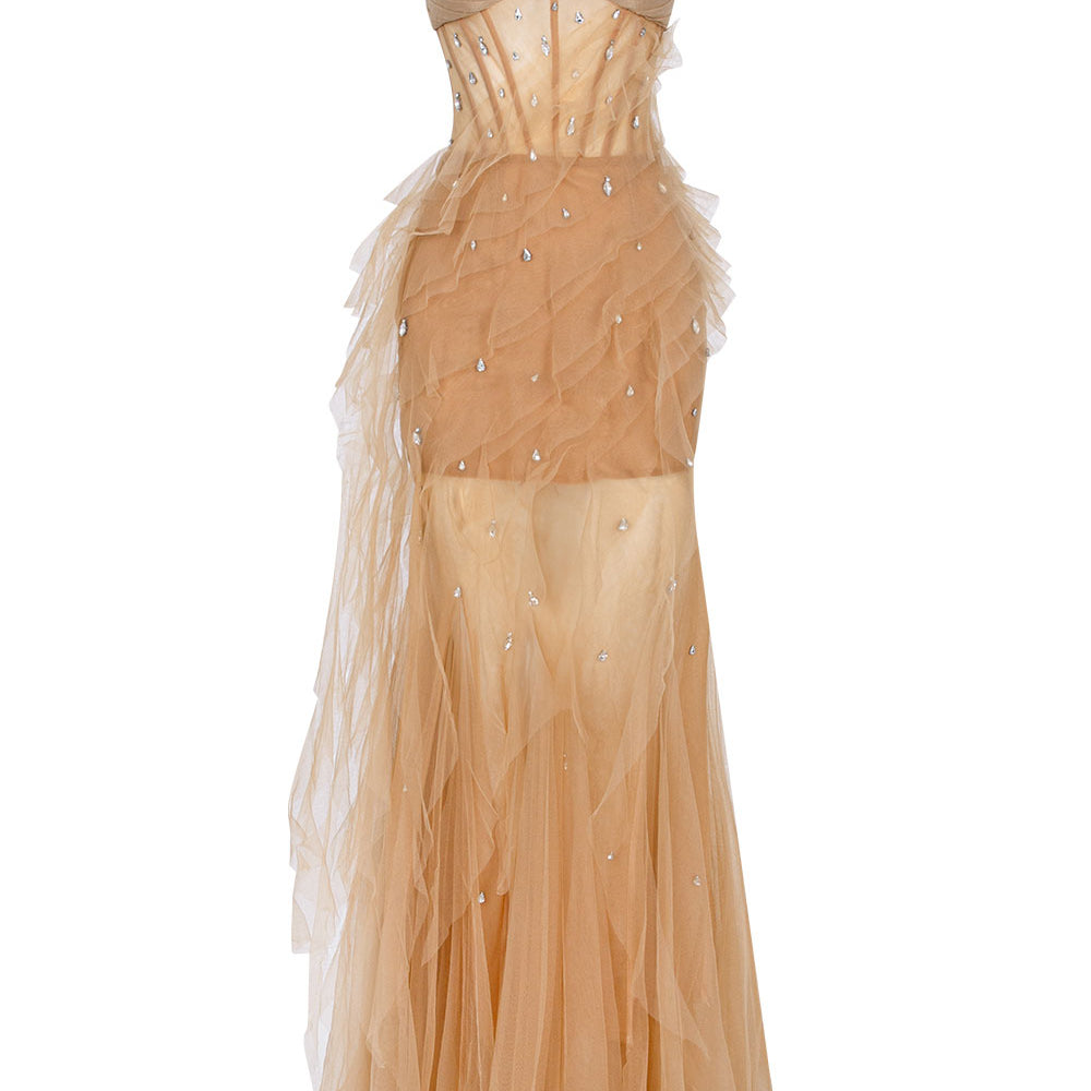 Marigold Gored Ruffle Layer Tulle Floor Length Dress