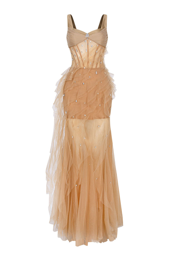 Marigold Gored Ruffle Layer Tulle Floor Length Dress