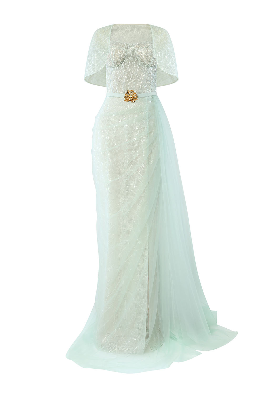 Lyrixa Asymmetric Cape Shoulder Mesh Sequin Floor Length Dress