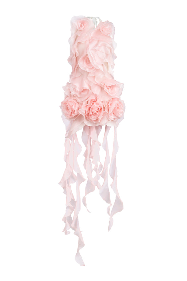 Rosy Cascade Halter Ruffled Foam Organza Mini Dress