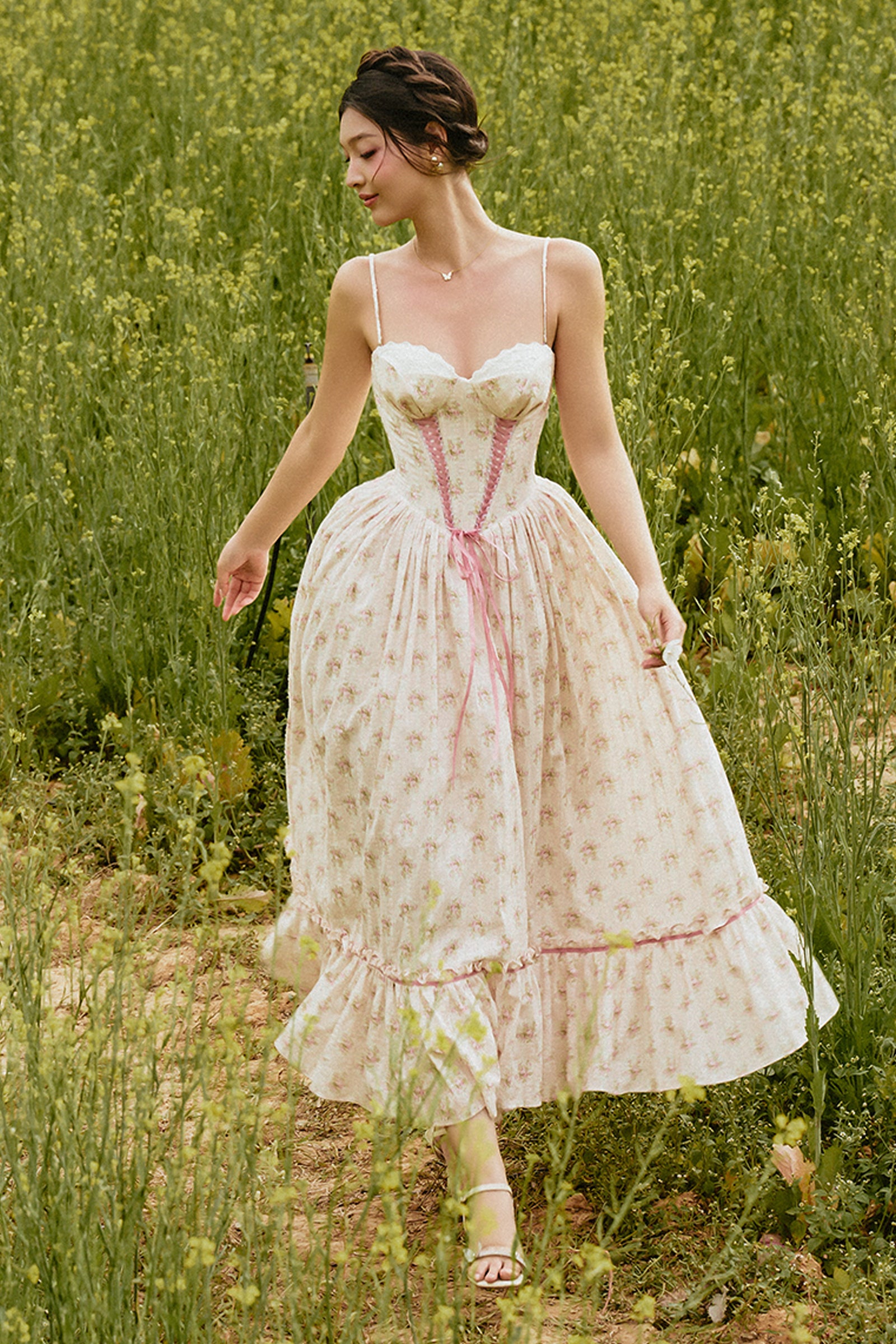 Women's Francesca Sweetheart Midi Dress Cream Pink XS/S/M/L/XL MEAN BLVD Cream Pink / L Women's Francesca Sweetheart Midi Dress Cream Pink XS/S/M/L/XL MEAN BLVD Cream Pink / L