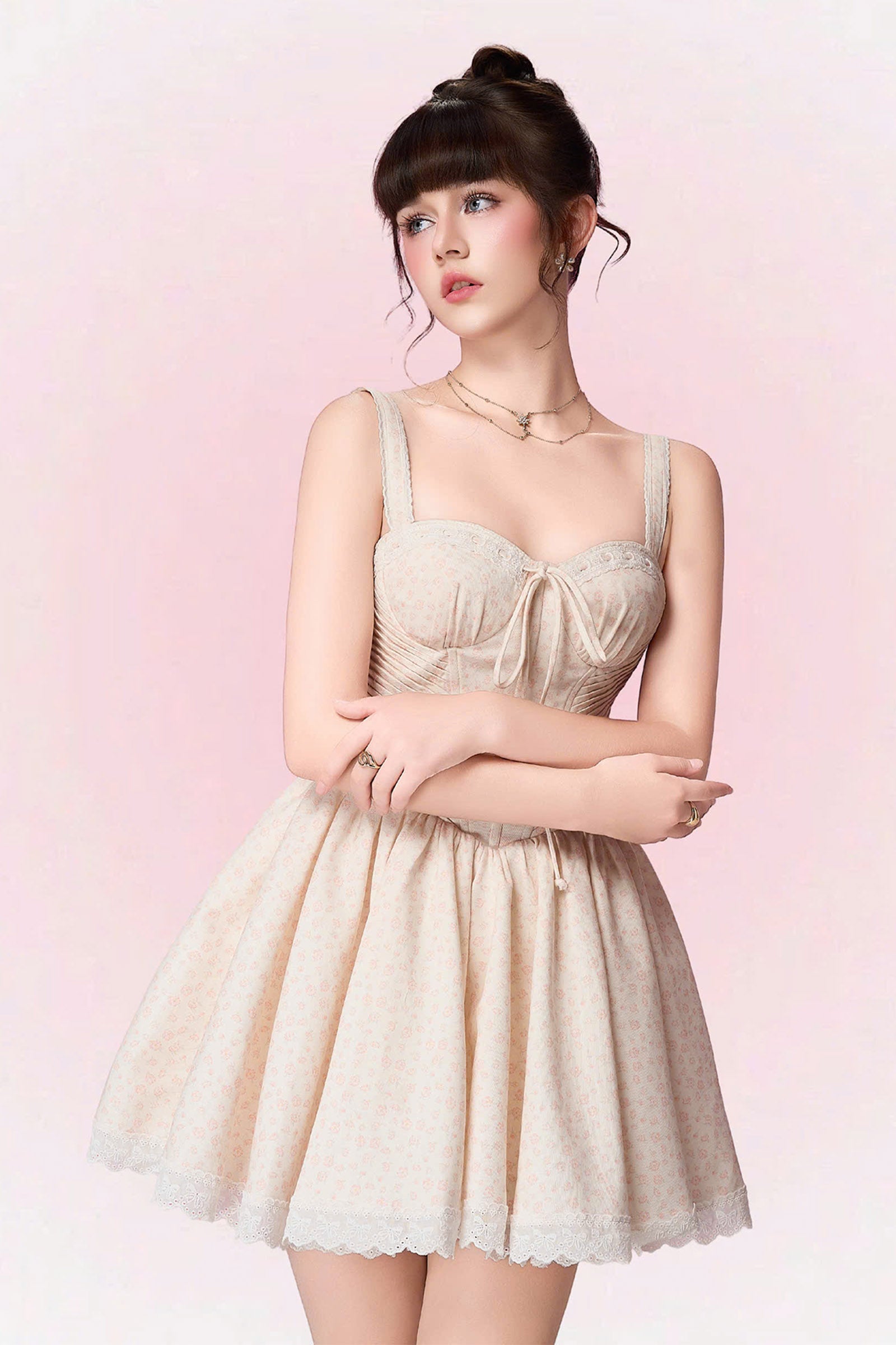 Women's Iris Sweetheart Ribbon Mini Dress XS/S/M/L/Customize Sweet Cream & Pink Floral MEAN BLVD Women's Iris Sweetheart Ribbon Mini Dress XS/S/M/L/Customize Sweet Cream & Pink Floral MEAN BLVD