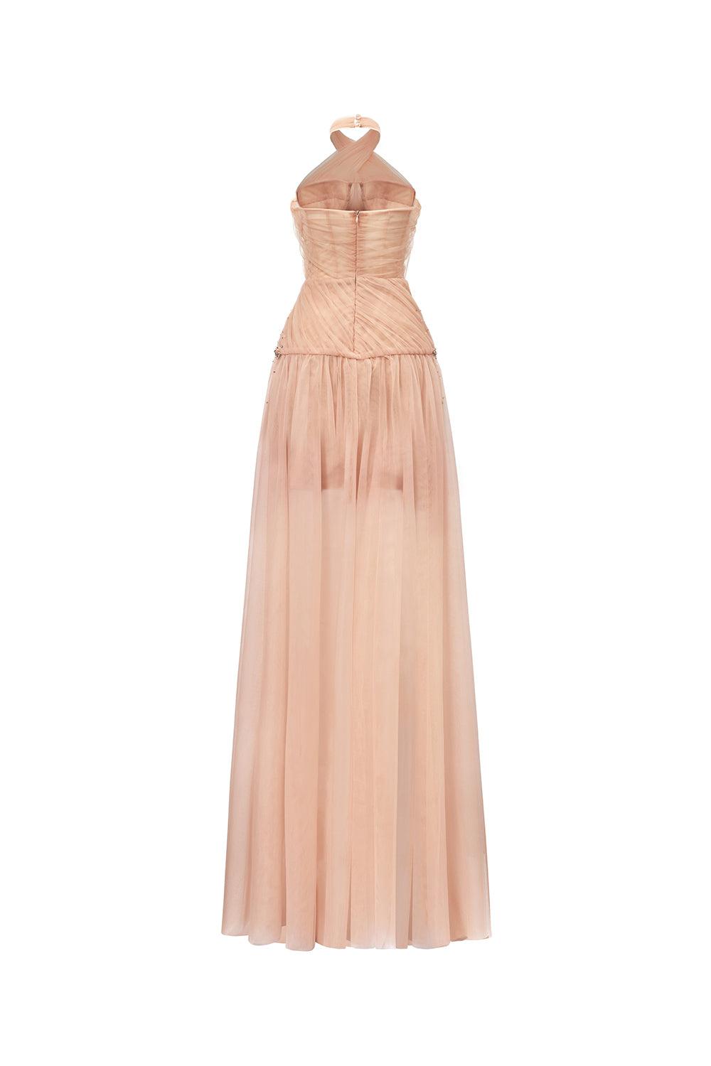 Uranette Gathered Criss Cross Neck Mesh Floor Length Dress