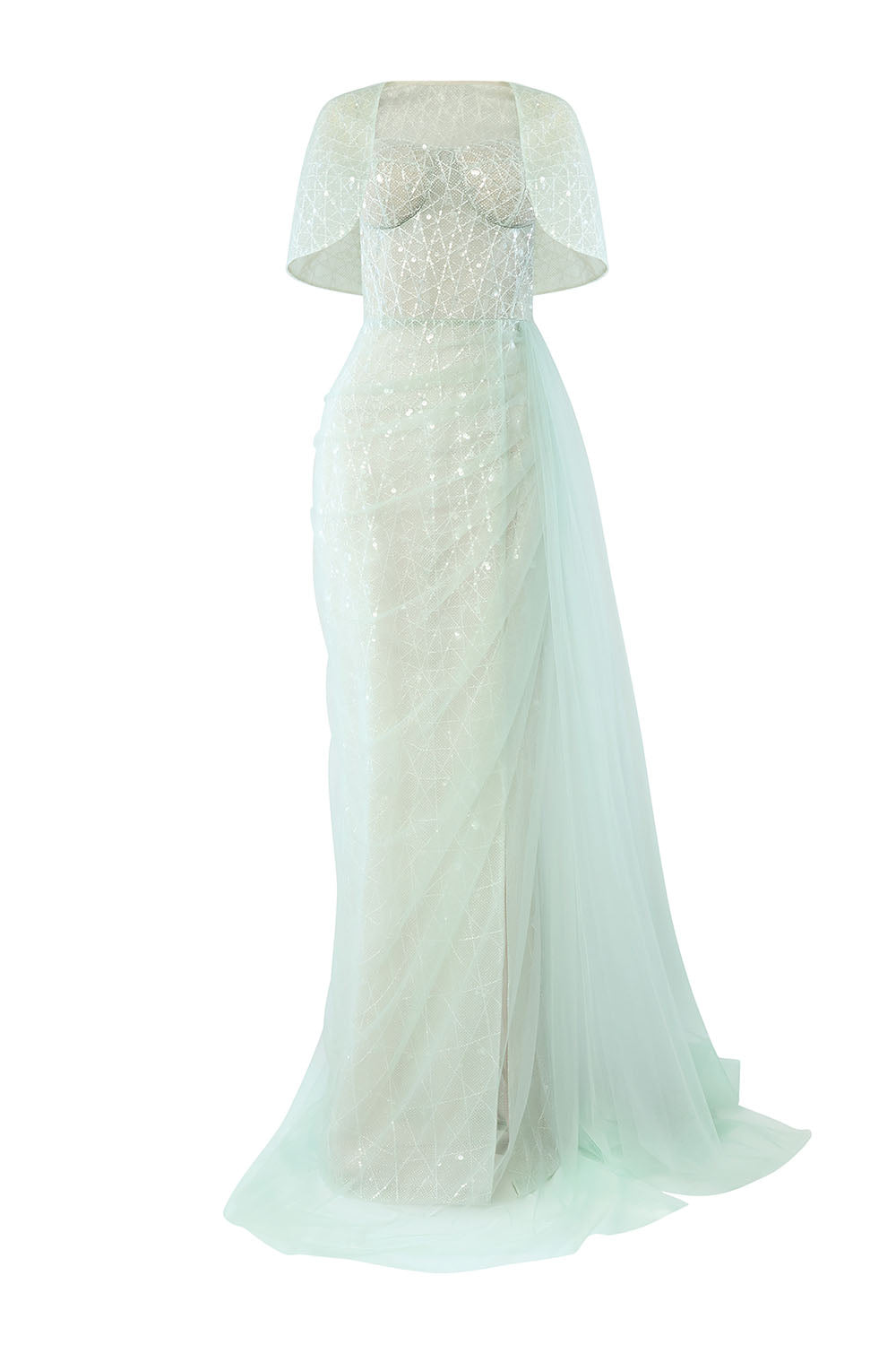 Lyrixa Asymmetric Cape Shoulder Mesh Sequin Floor Length Dress