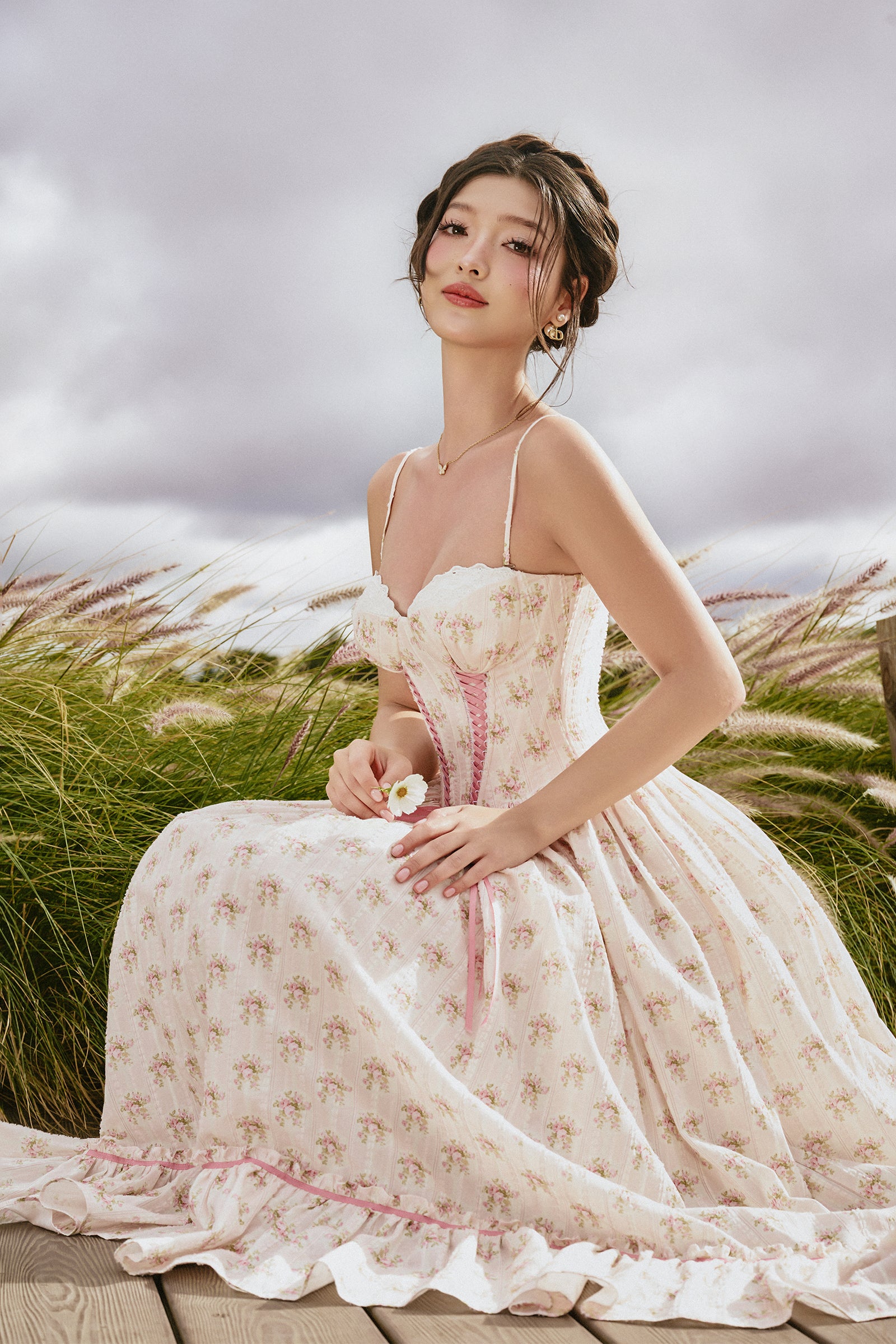 Women's Francesca Sweetheart Midi Dress Cream Pink XS/S/M/L/XL MEAN BLVD Cream Pink / L Women's Francesca Sweetheart Midi Dress Cream Pink XS/S/M/L/XL MEAN BLVD Cream Pink / L