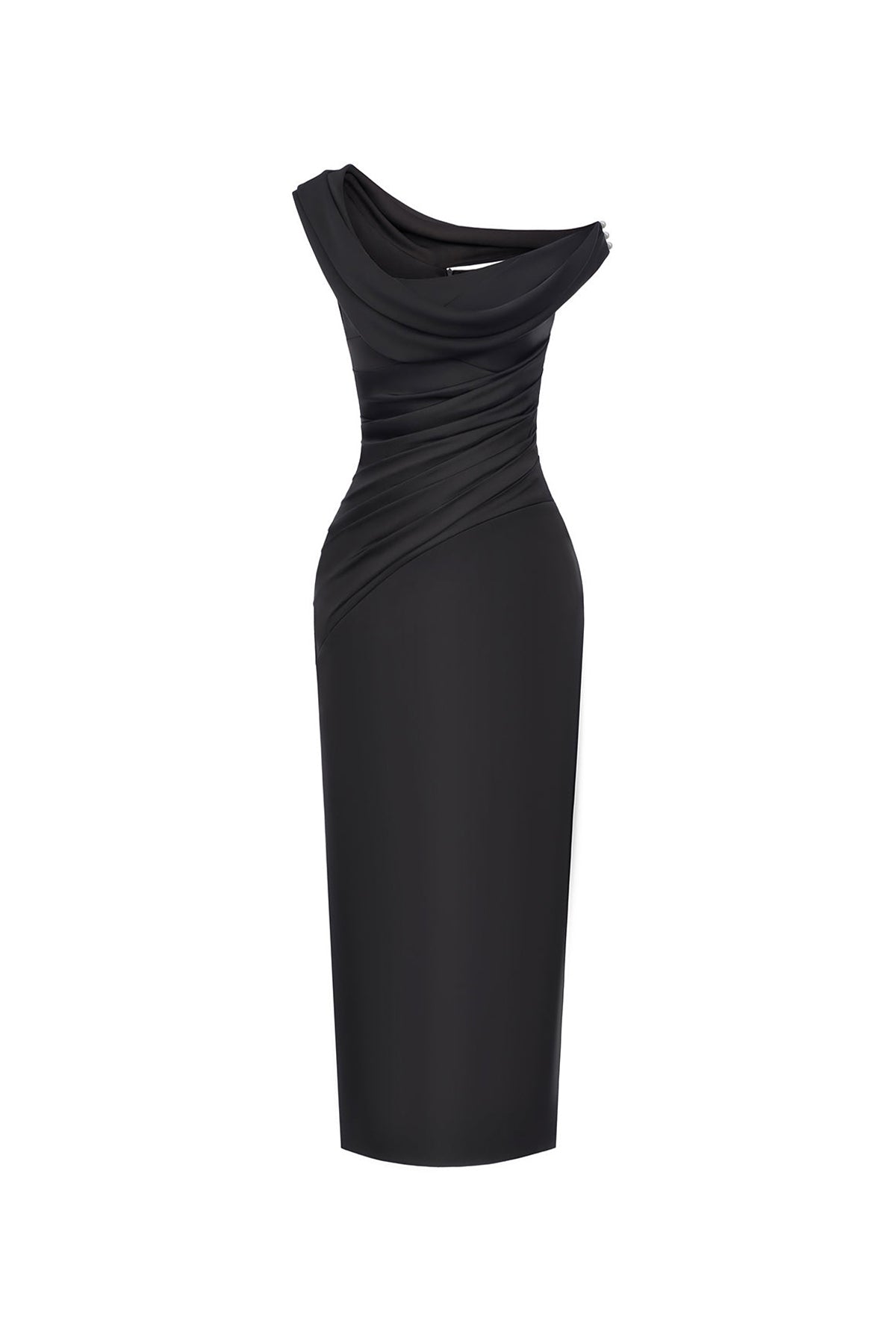 Ottavia Sheath Asymmetric Shoulder Poly Silk Midi Dress