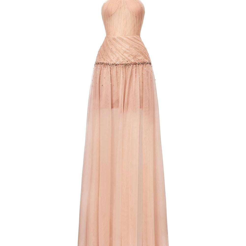 Uranette Gathered Criss Cross Neck Mesh Floor Length Dress