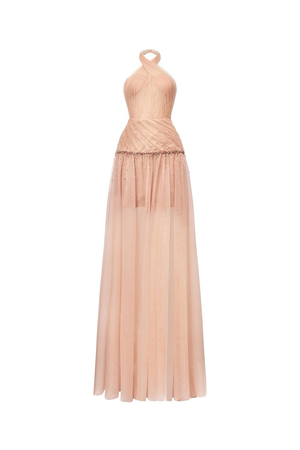 Women's Uranette Gathered Criss Cross Neck Mesh Floor Length Dress S/M/L/Customize Salmon/Blue Grey MEAN BLVD Salmon / S Women's Uranette Gathered Criss Cross Neck Mesh Floor Length Dress S/M/L/Customize Salmon/Blue Grey MEAN BLVD Salmon / S