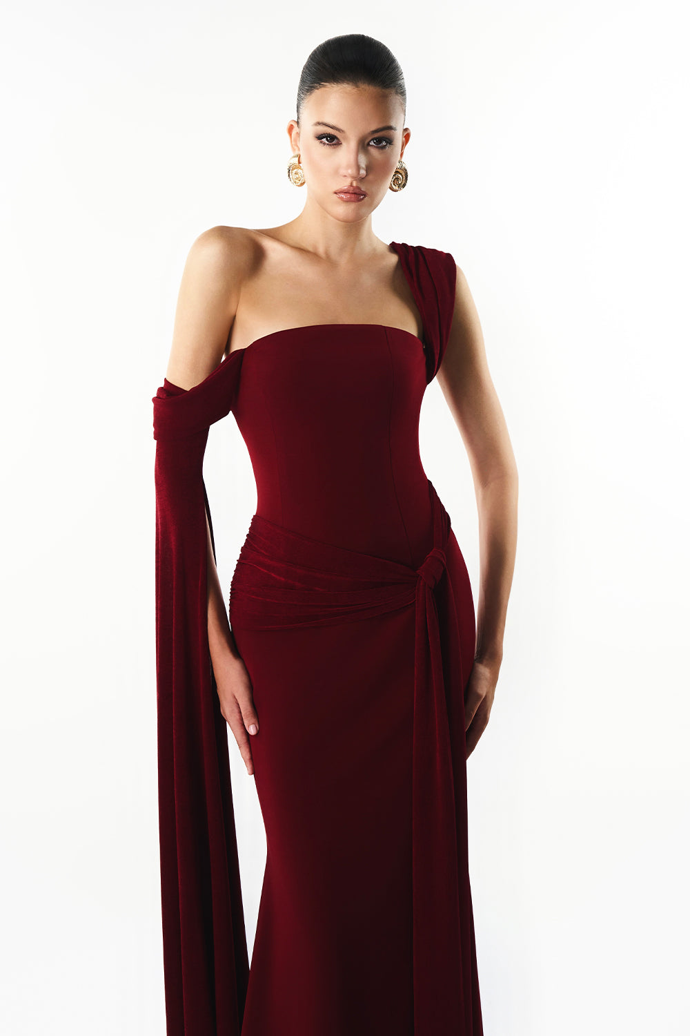 Marvina Asymmetric Neck Draped Maxi Dress - Burgundy / XL Marvina Asymmetric Neck Draped Maxi Dress - Burgundy / XL