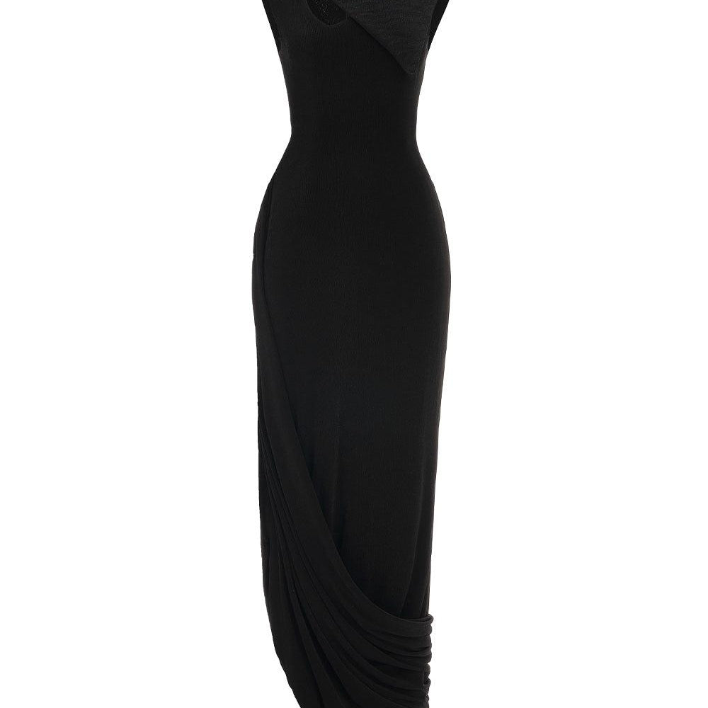 Primrose Asymmetric Boat Neck Elastic Cotton Ankle Length Dress