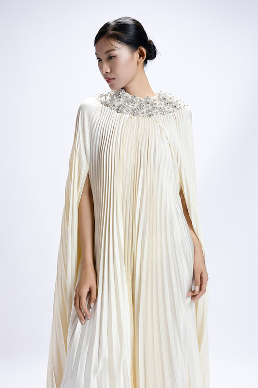 Solene Cape Sleeve Pleated Maxi Dress