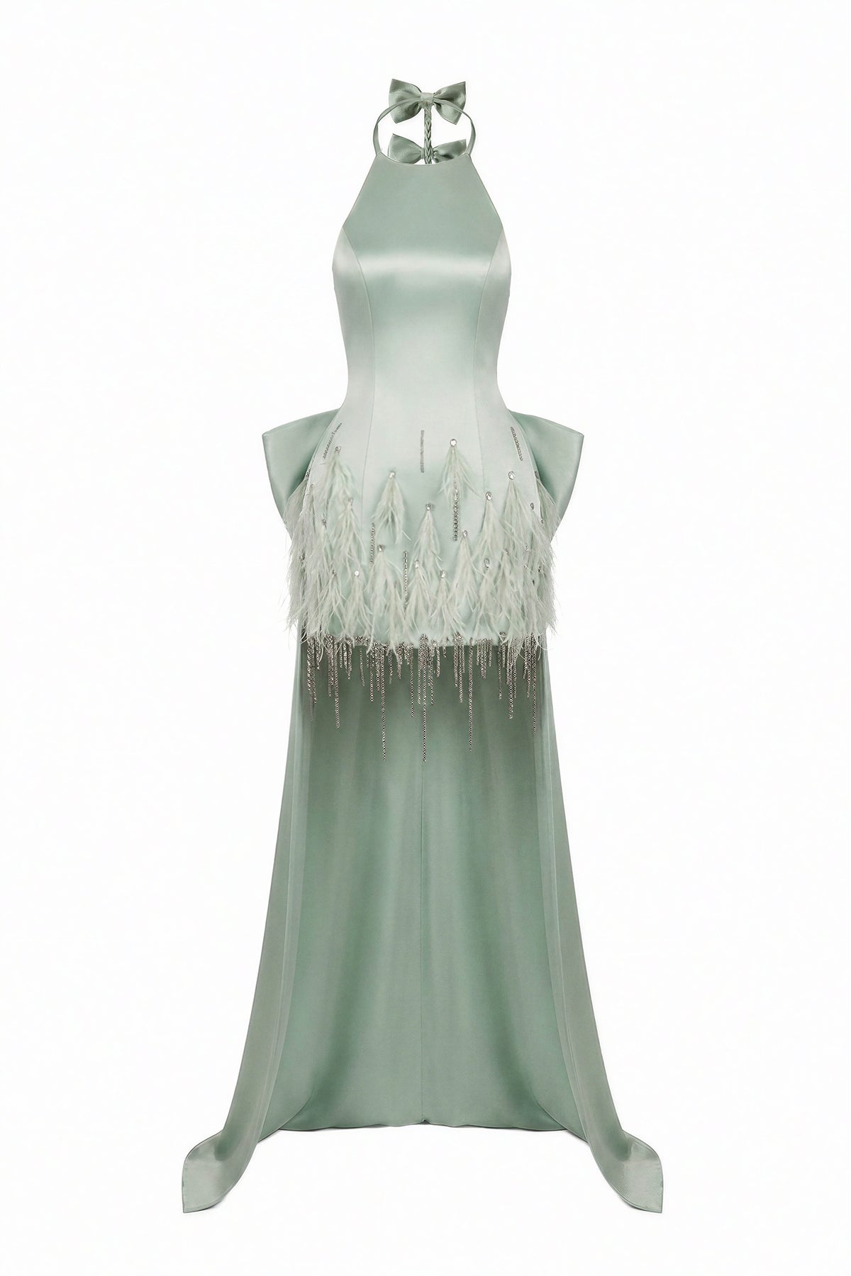 Effortless Halter Silk Crystal-Embellished Mini Dress With Oversized Bow Back