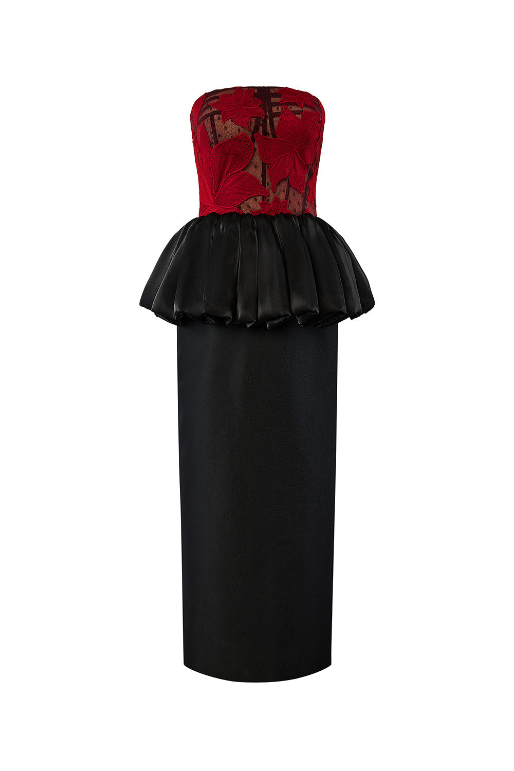 Asteria Peplum Straight Across Neck Mesh Taffeta Midi Dress