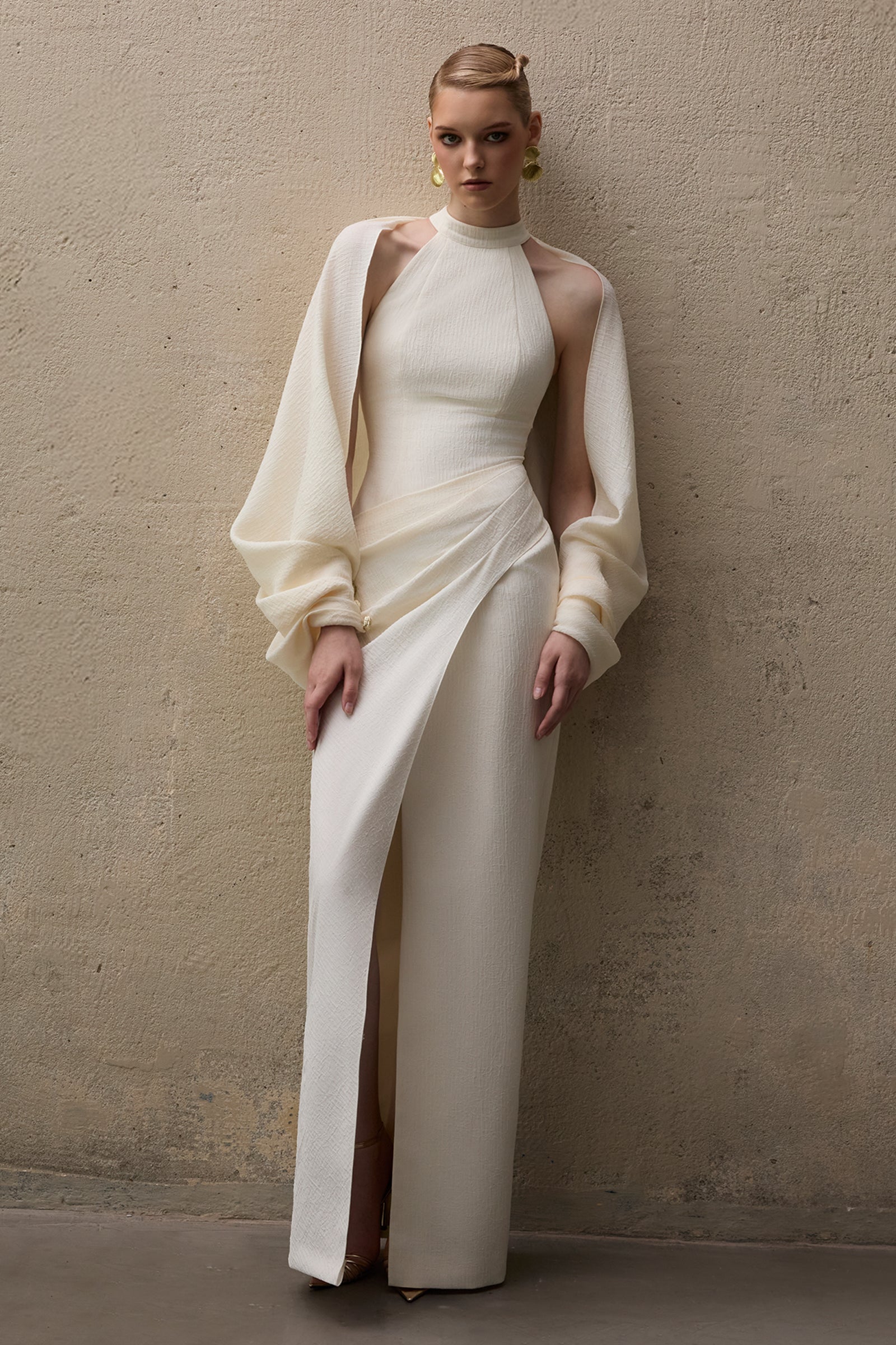 carlyle maxi dress Women's Carlyle II Halter Draped Maxi Dress S/M/L/XL/XXL/Customize Ivory &  Beige MEAN BLVD