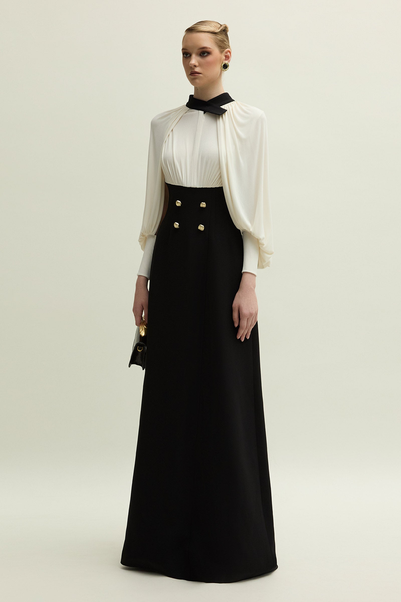 Women's Delina Bishop Sleeve Button Maxi Dress S/M/L/XL/XXL/Customize Ivory  & Black MEAN BLVD