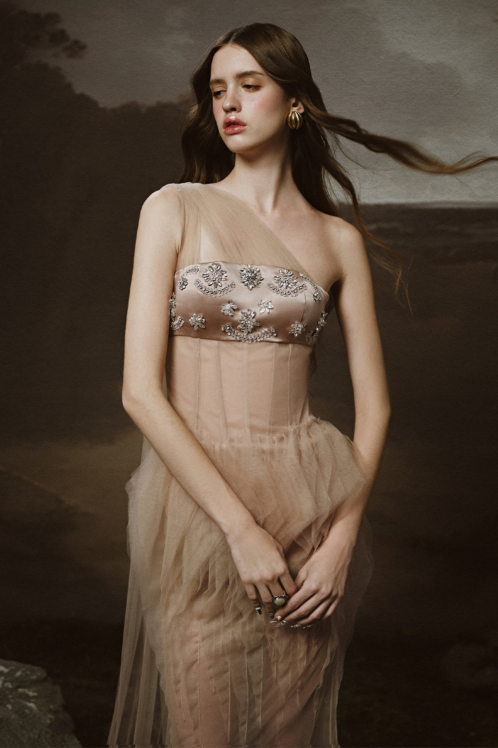 Junia Sheath One Shoulder Tulle Floor Length Dress