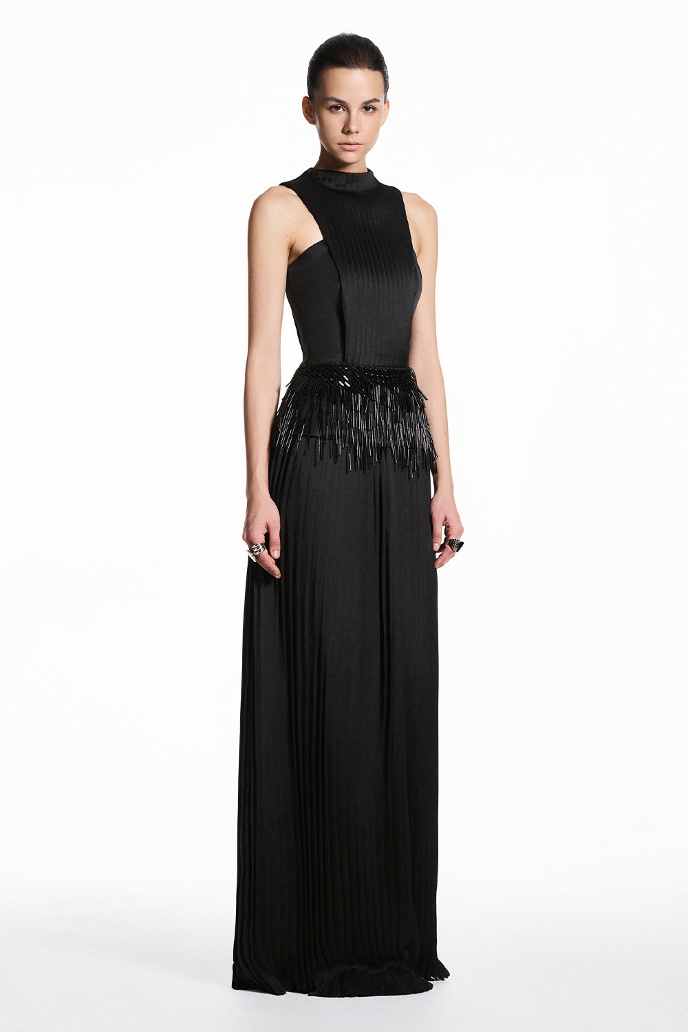 black fringe maxi dress Women's Veyra High Neck Fringe Maxi Dress S/M/L/XL/Customize Black MEAN BLVD Black / L