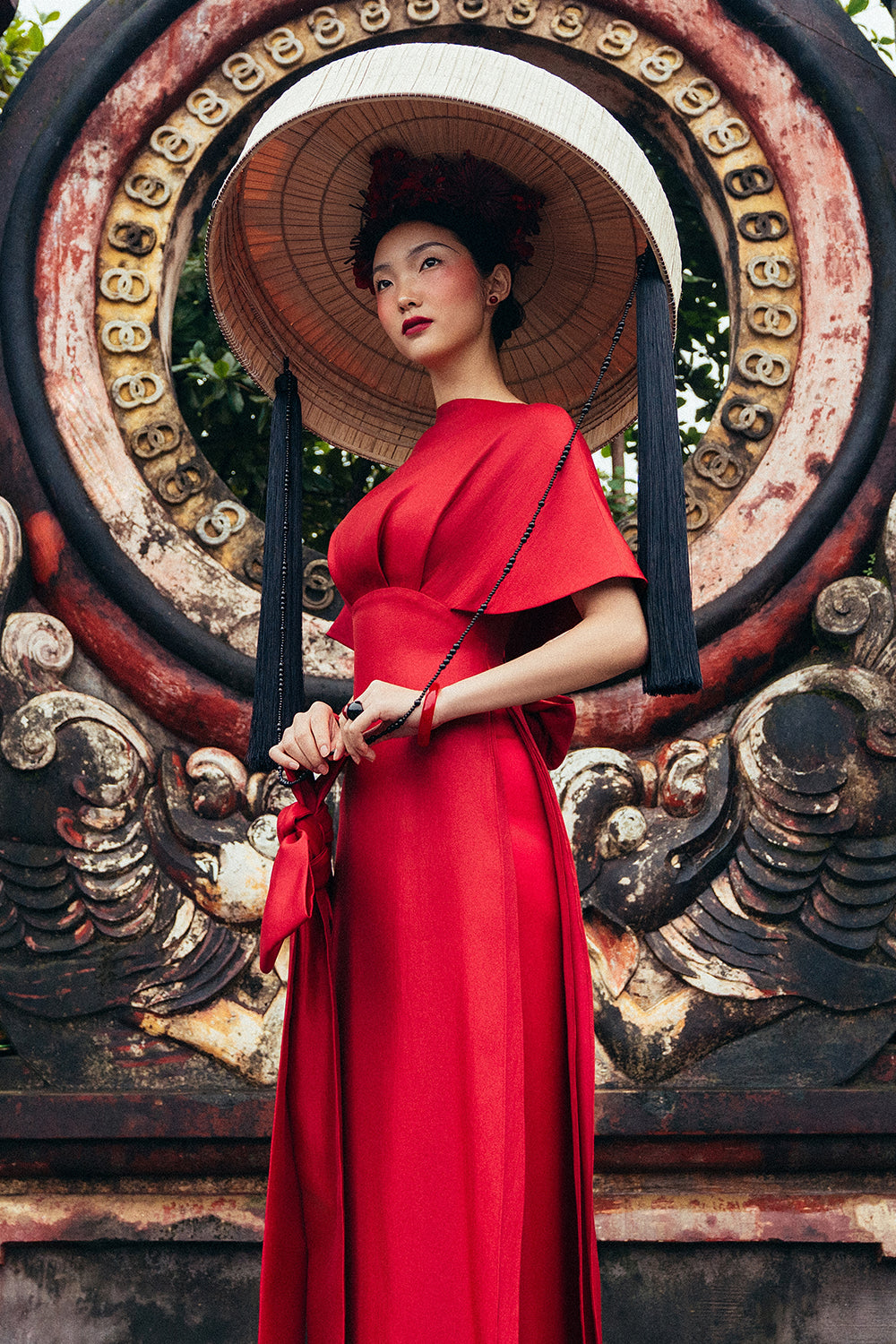 Ha Y Boat Neck Synthetic Silk Ao Dai