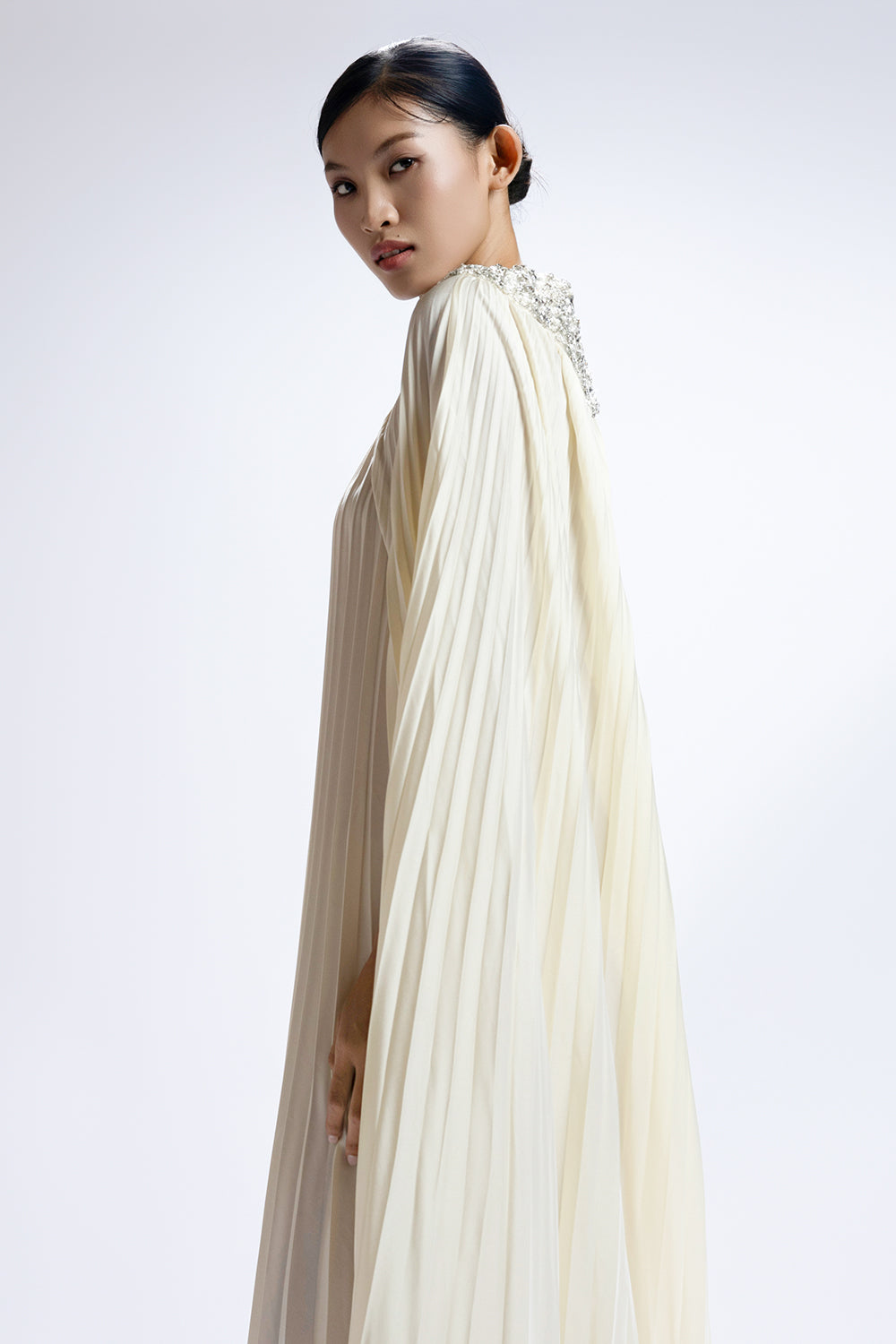 Solene Cape Sleeve Pleated Maxi Dress