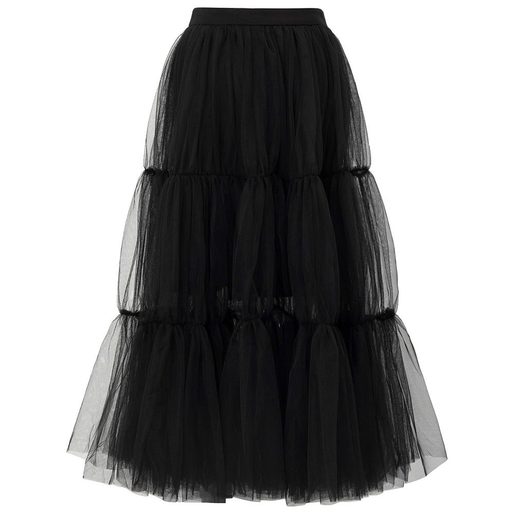 Devil Tiered Front Slit Tulle Midi Skirt