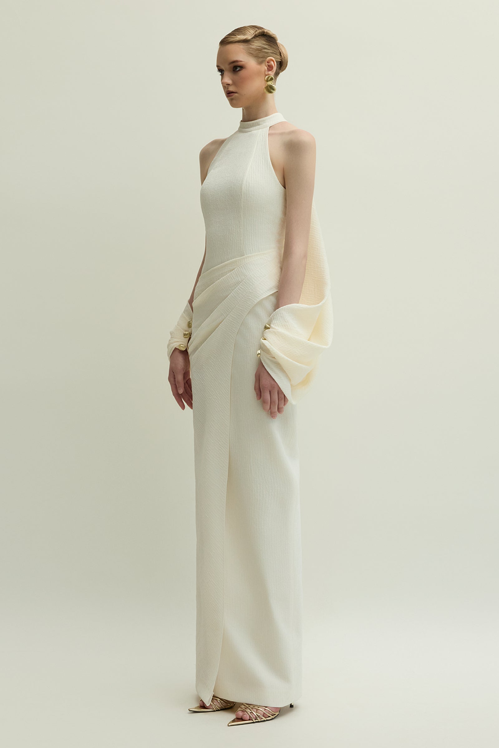 carlyle maxi dress Women's Carlyle II Halter Draped Maxi Dress S/M/L/XL/XXL/Customize Ivory & Beige MEAN BLVD Ivory & Beige / S