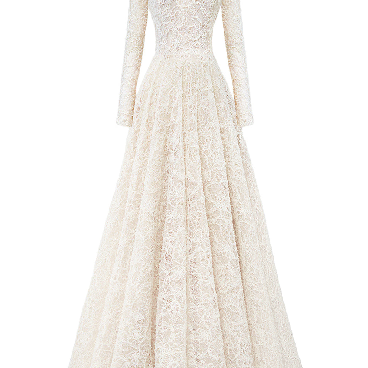Ethereal Blossom Ball Gown Long Sleeved Lace Floor Length Dress
