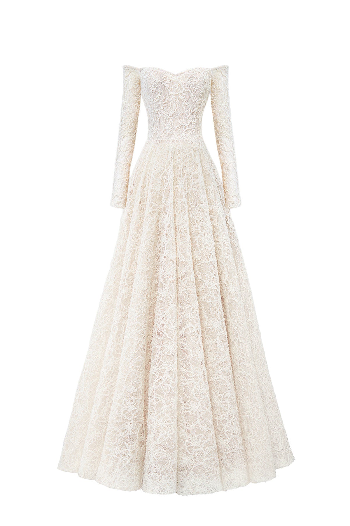 Ethereal Blossom Ball Gown Long Sleeved Lace Floor Length Dress