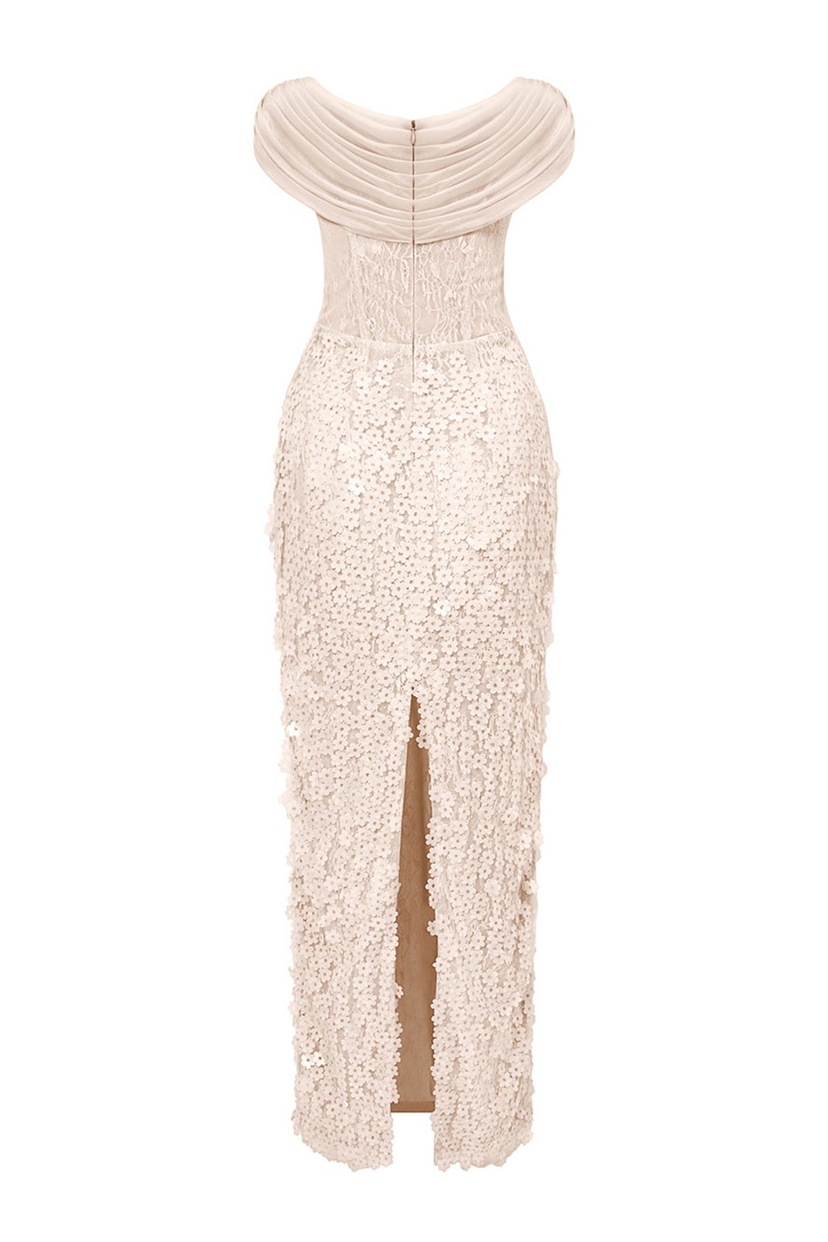 Solviva Sheath Cowl Neck Mesh Lace Ankle Length Dress