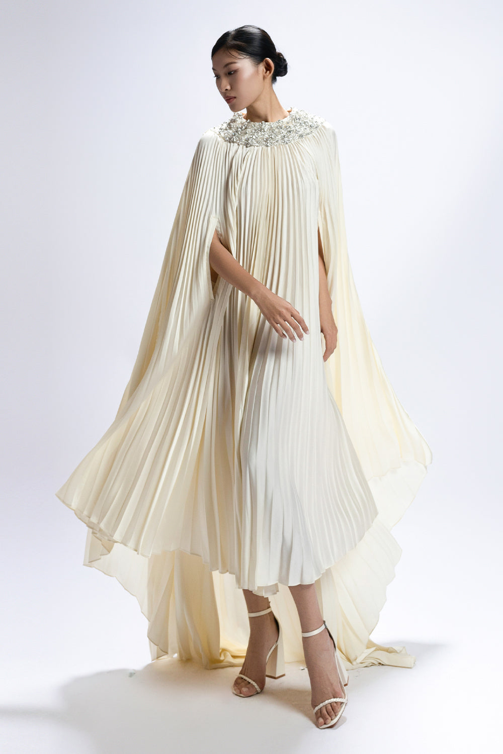 Solene Cape Sleeve Pleated Maxi Dress