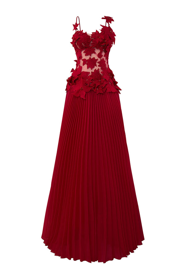 Quasar Pleated Spaghetti Strap Mesh Lace Floor Length Dress