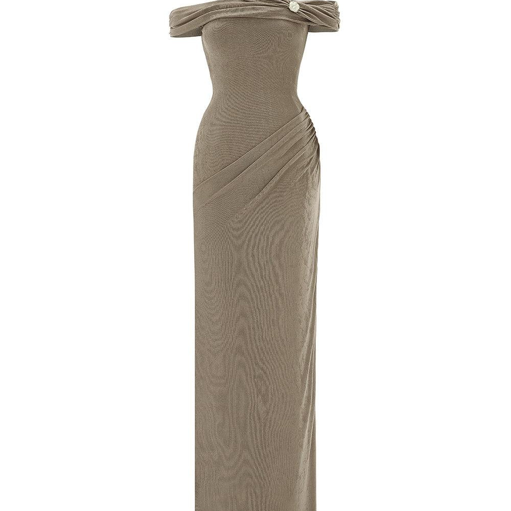 Plumeria Sheath Cold Shoulder Sleeved Elastic Cotton Floor Length Dress