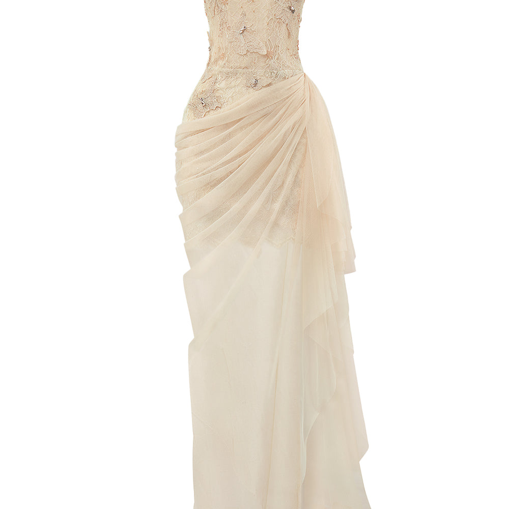 Butterfly Reverie Sarong Semi-Heart Neck Lace Floor Length Dress
