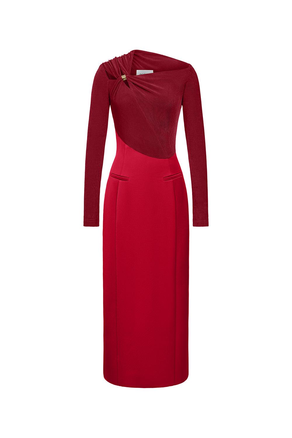 Women's Eleanor Sheath Asymmetric Neck Taffeta Midi Dress  S/M/L/XL/Customize Brown/Red/Black MEAN BLVD