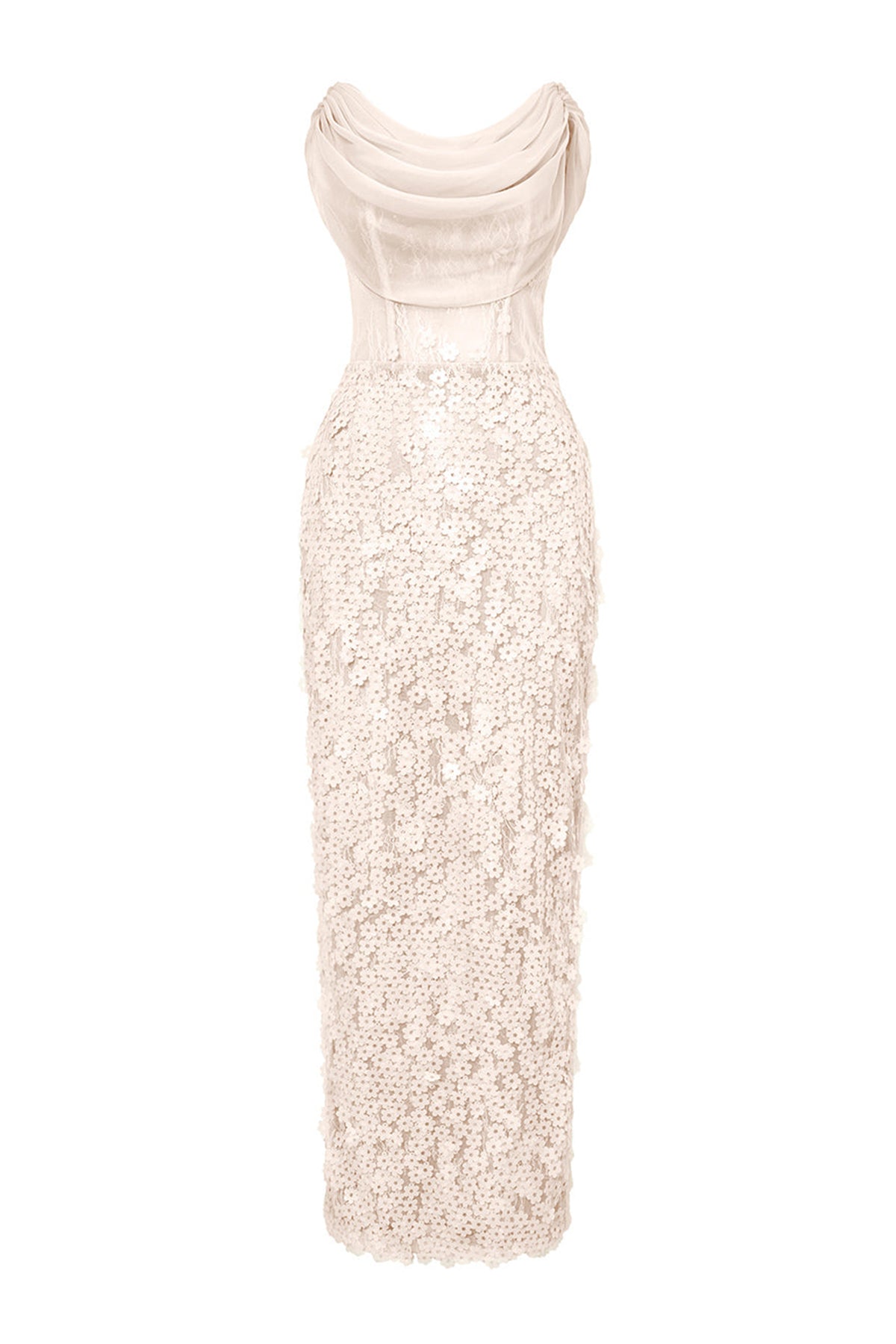 Solviva Sheath Cowl Neck Mesh Lace Ankle Length Dress