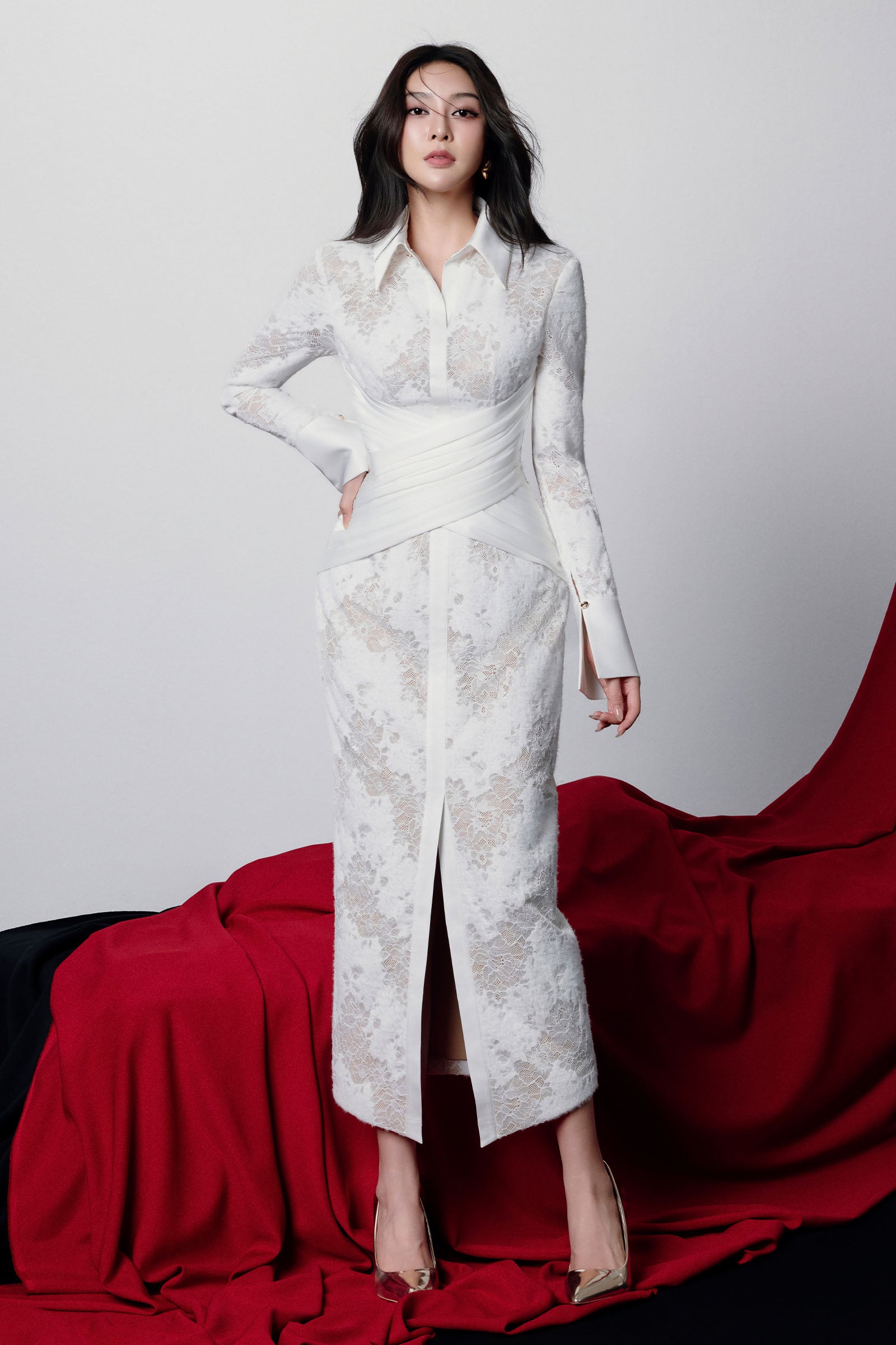 Women's Eulalia Collared Draped Midi Dress XS/S/M/L/XL/Customize White MEAN  BLVD