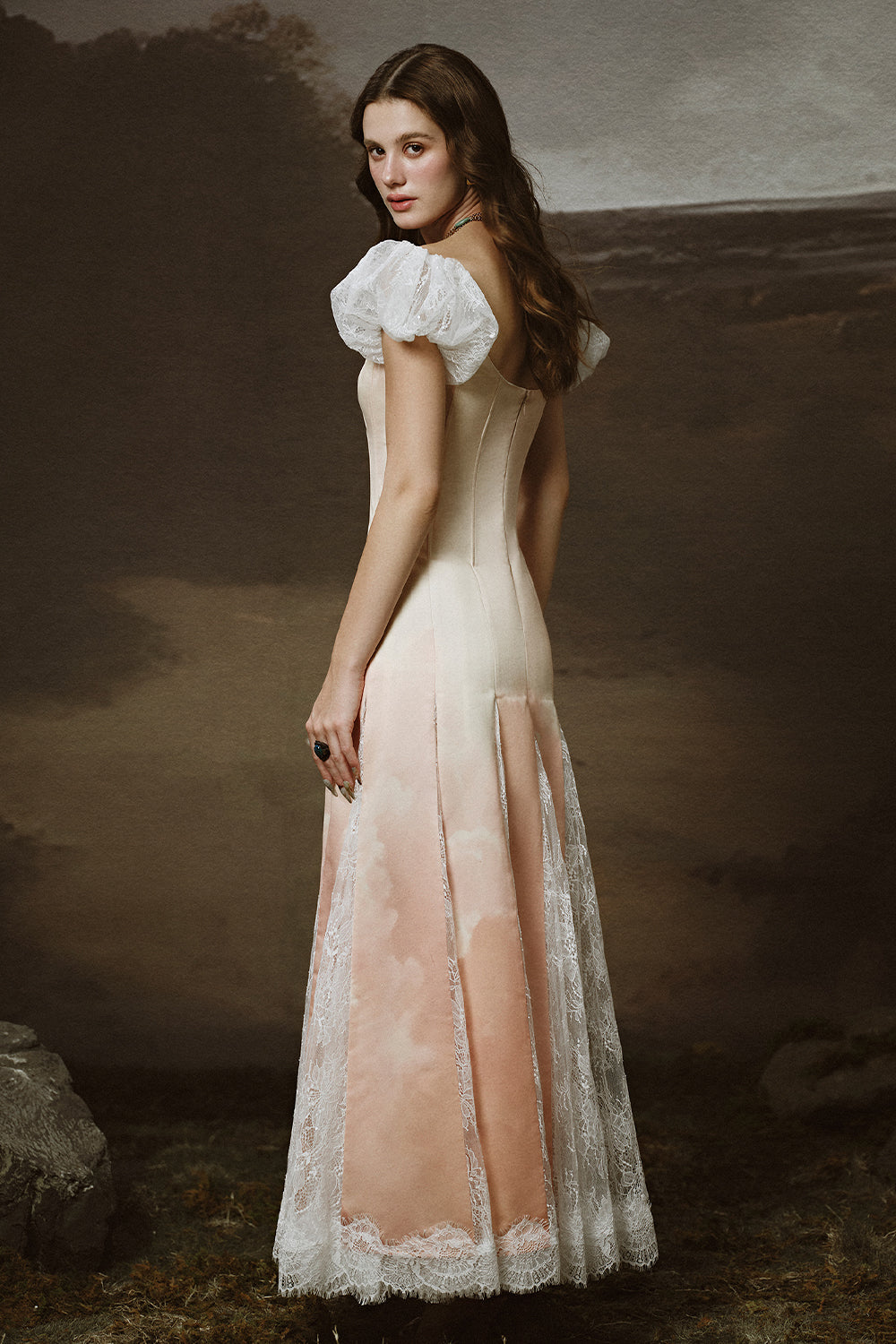 Vesta Drop Waist Puffy Sleeved Lace Ankle Length Dress