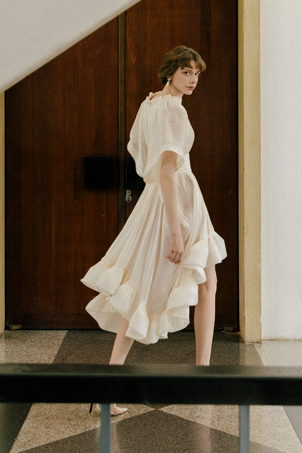 gabrielle midi dress Women's Gabriella Ruffle Midi Dress Ivory S/M/L/Customize MEAN BLVD, Ivory / S
