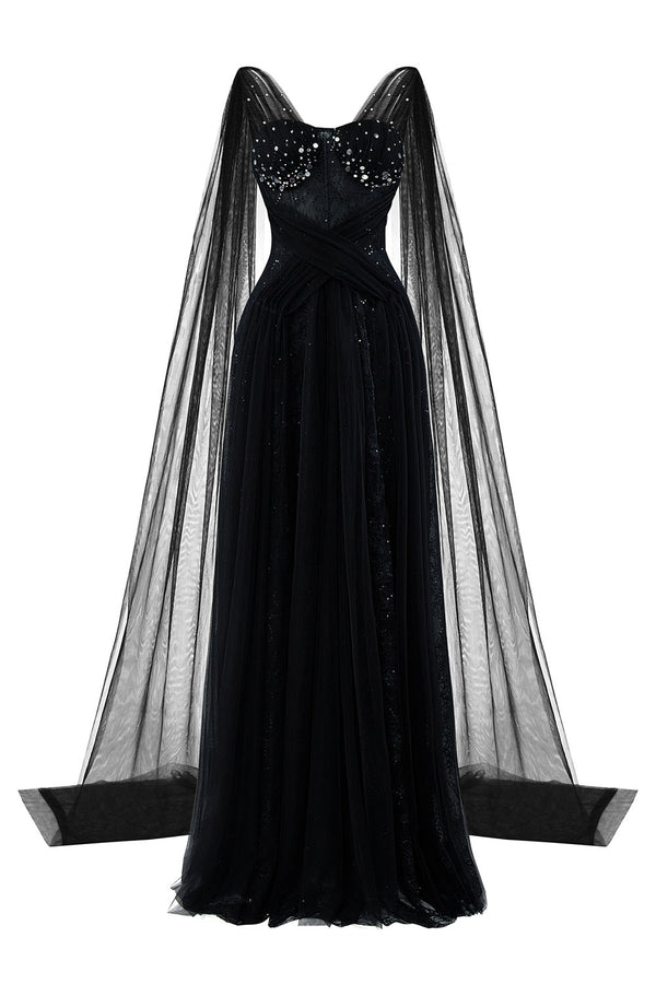 Nyxara A-line Symmetric Flap Mesh Lace Floor Length Dress