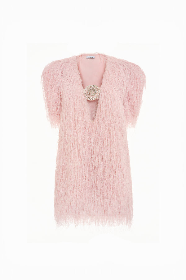 Sapphire Straight Plunge Neck Faux Fur Mini Dress