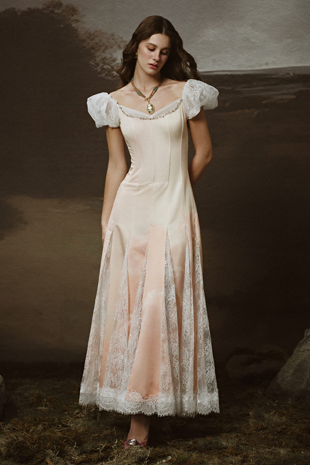 Vesta Drop Waist Puffy Sleeved Lace Ankle Length Dress