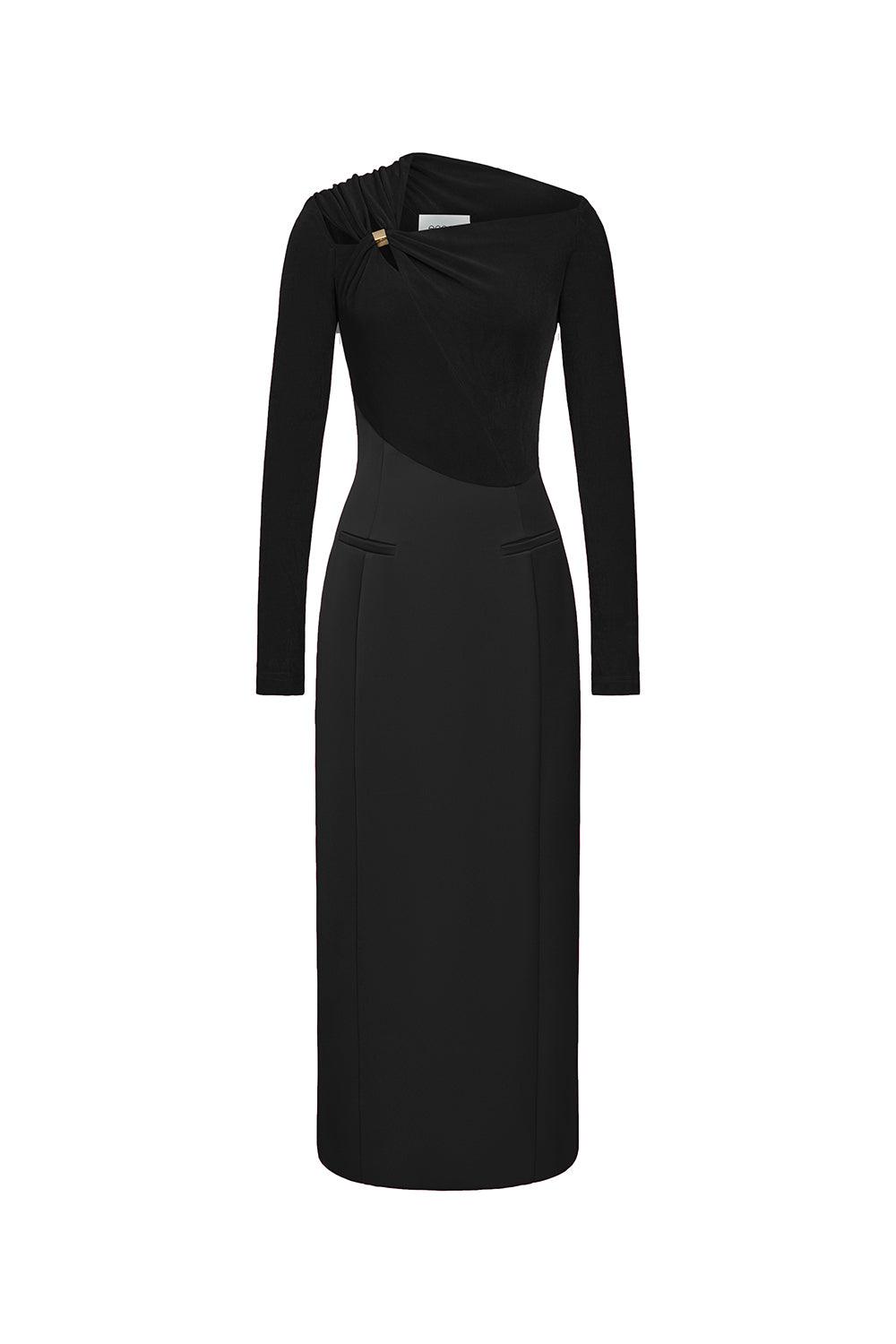 Eleanor Sheath Asymmetric Neck Taffeta Midi Dress