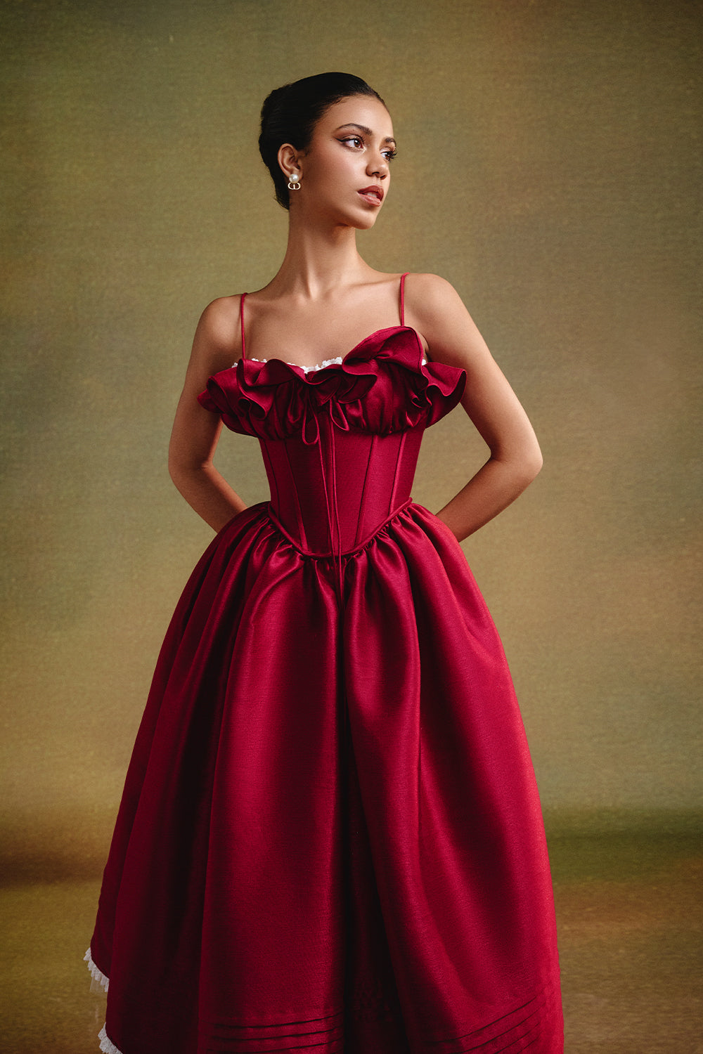 Women's Tulip Ball Gown Ruffle Midi Dress XS/S/M/L/Customize Maroon MEAN BLVD Women's Tulip Ball Gown Ruffle Midi Dress XS/S/M/L/Customize Maroon MEAN BLVD