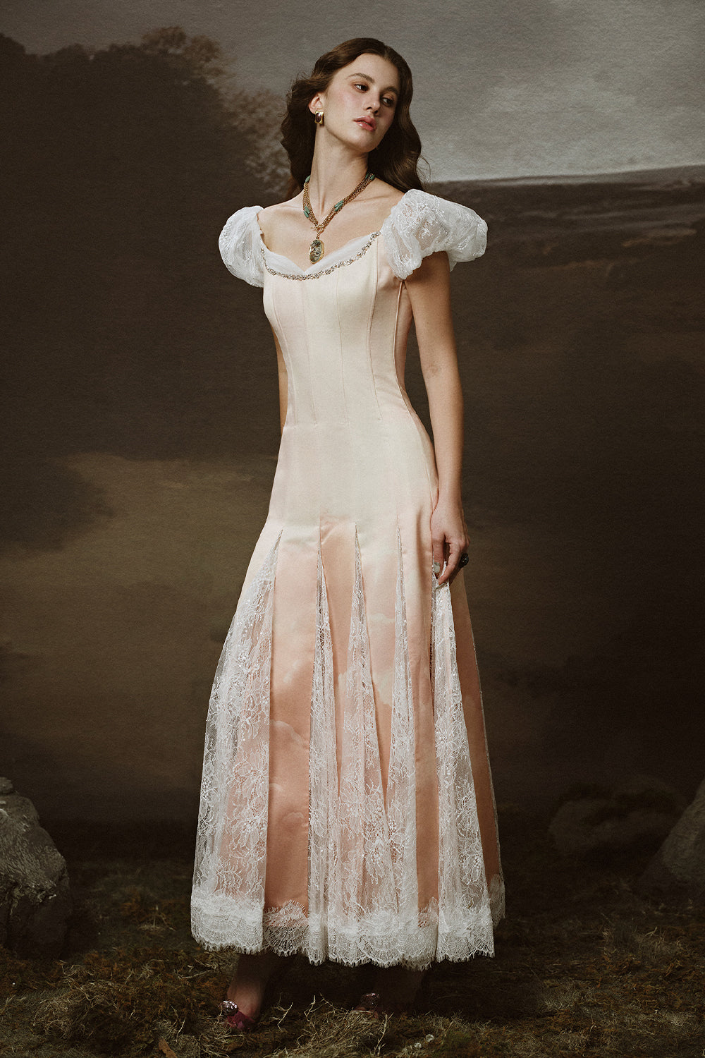 Vesta Drop Waist Puffy Sleeved Lace Ankle Length Dress