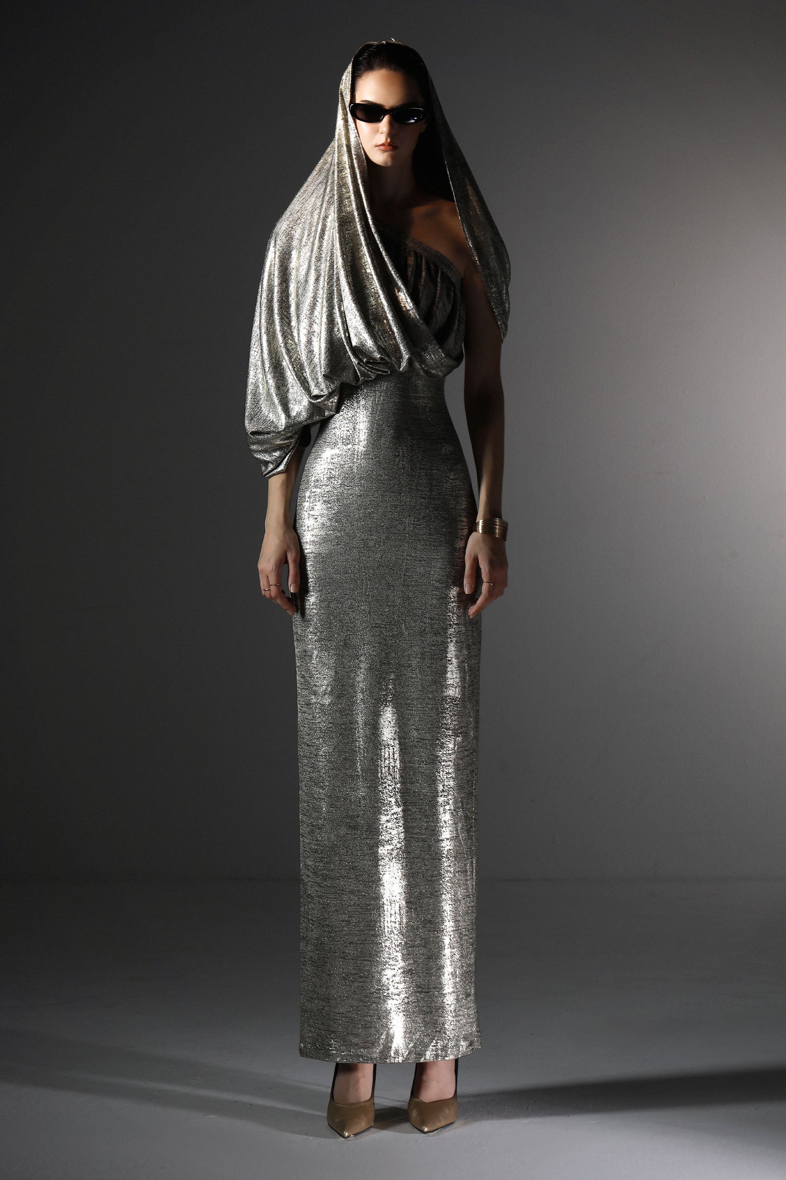 Lustre Asymmetric Neck Maxi Dress