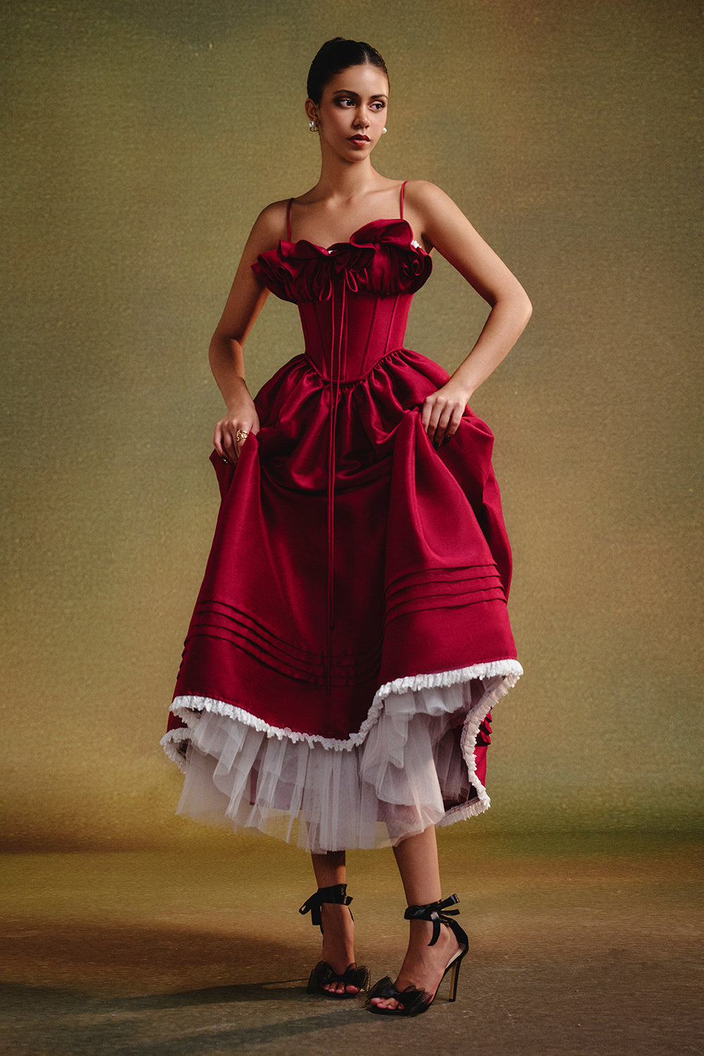 women's ruffle midi dress Women's Tulip Ball Gown Ruffle Midi Dress XS/S/M/L/Customize Maroon MEAN BLVD Maroon / S
