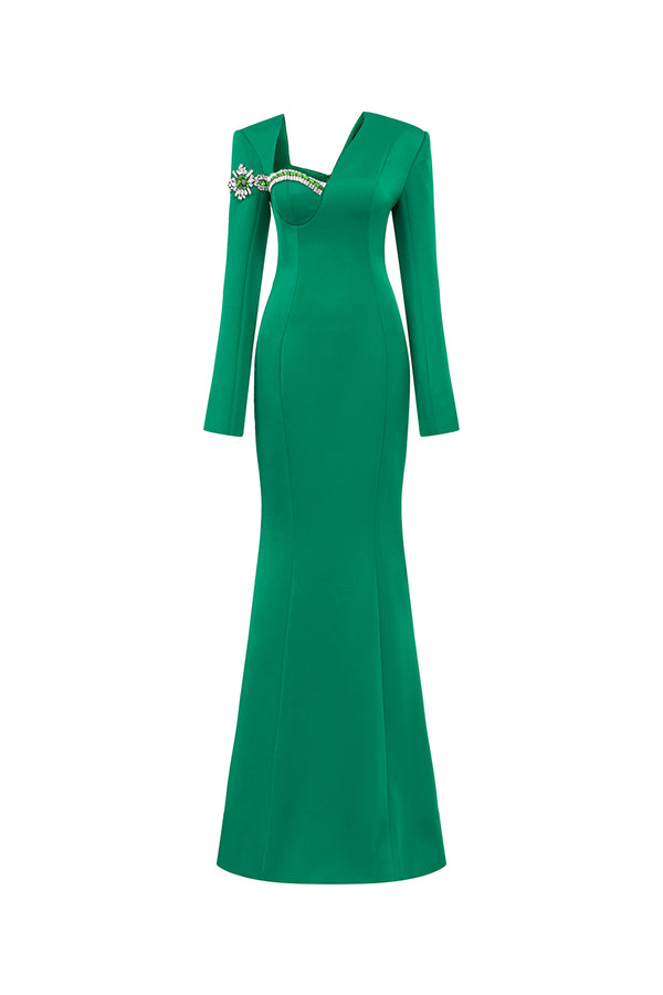 Verdant Mermaid Diagonal Neck Taffeta Floor Length Dress